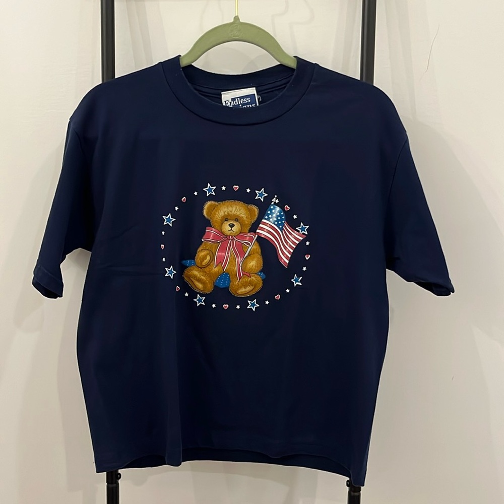 Vintage Endless Designs Teddy Bear Blue Patriotic T-shirt Women Size M